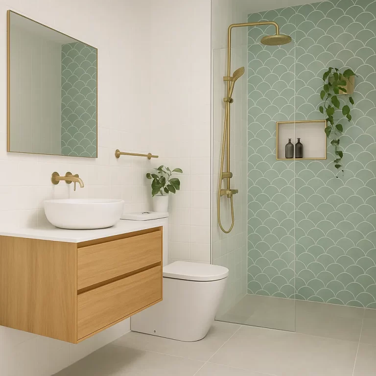 Modern Bathroom Renovation with fish scale tiles behind shower